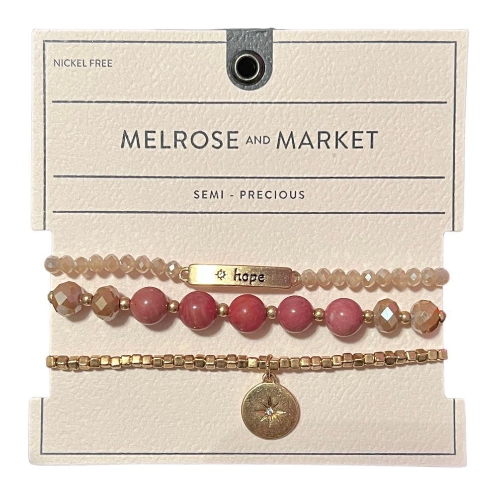 Melrose And Marker Set Of 3 Semi-Precious Pink And Gold Stretch Bracelets